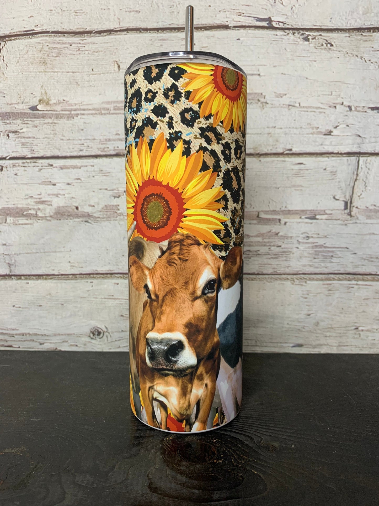 Cow Leopard Sunflower Matte 20oz Skinny Tumbler