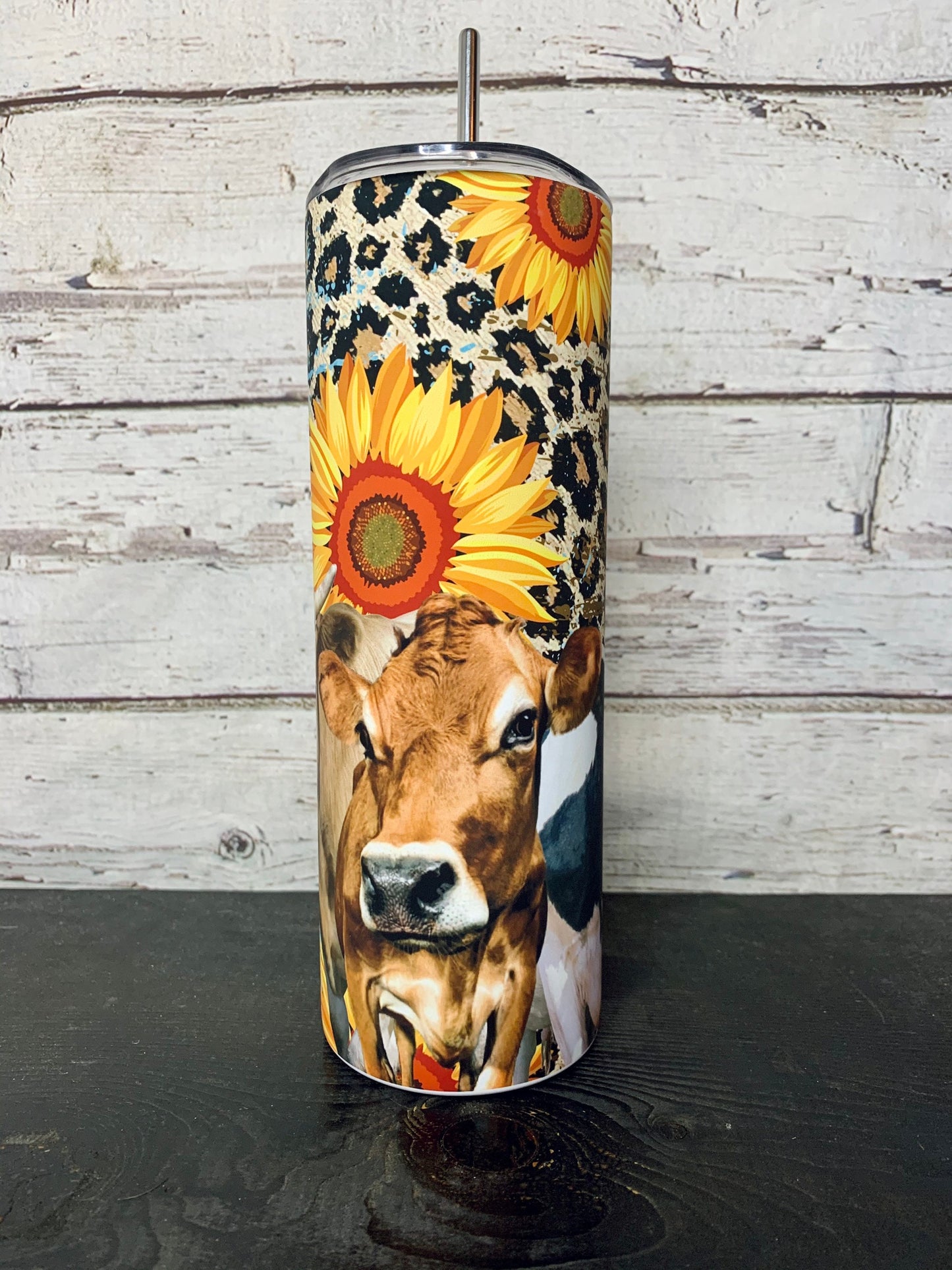 Cow Leopard Sunflower Matte 20oz Skinny Tumbler