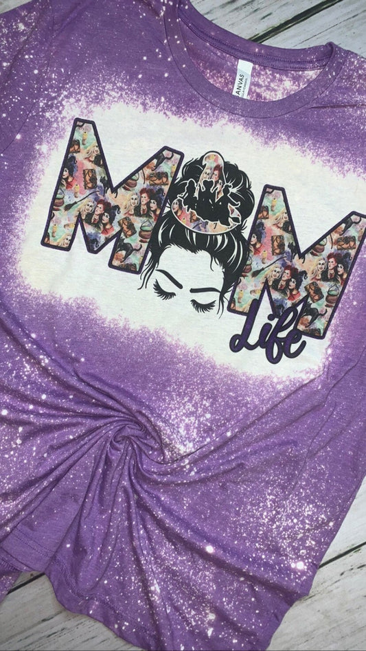 Hocus Pocus Messy Bun Mom Life Halloween Bleached Tee